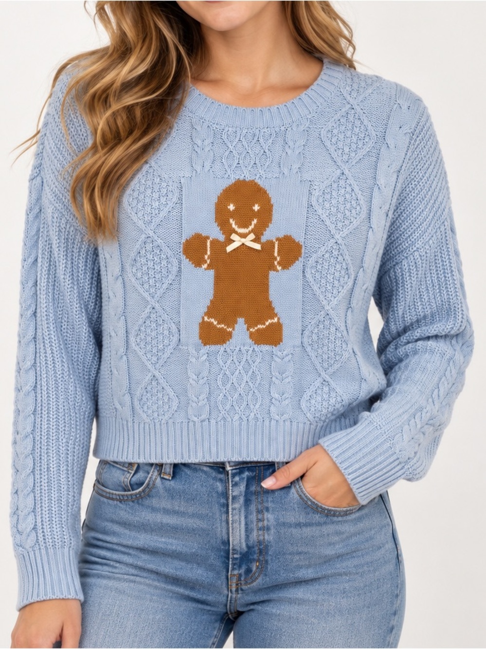 NWT Originality Gingerbread Cable Knit Christmas Sweater Blue Size L